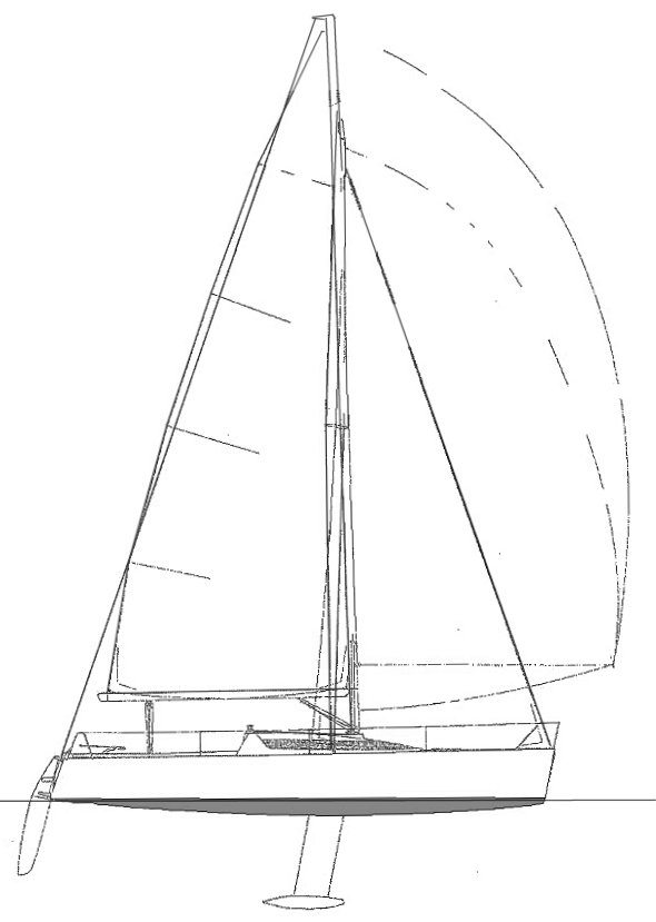8m one design sailboat under sail