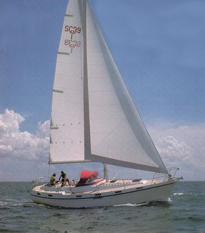 Nautical 39 sailboat under sail