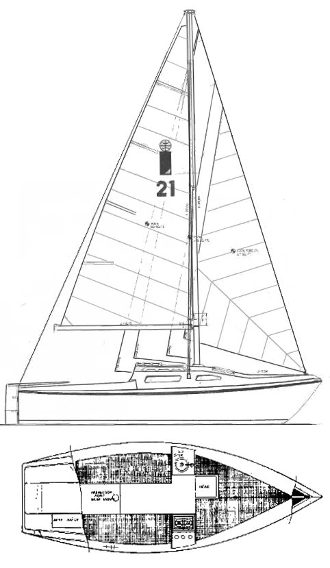 International 21 sailboat under sail