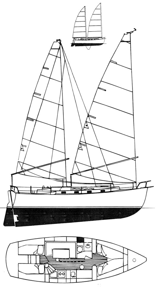 Freedom 35 cat ketch sailboat under sail