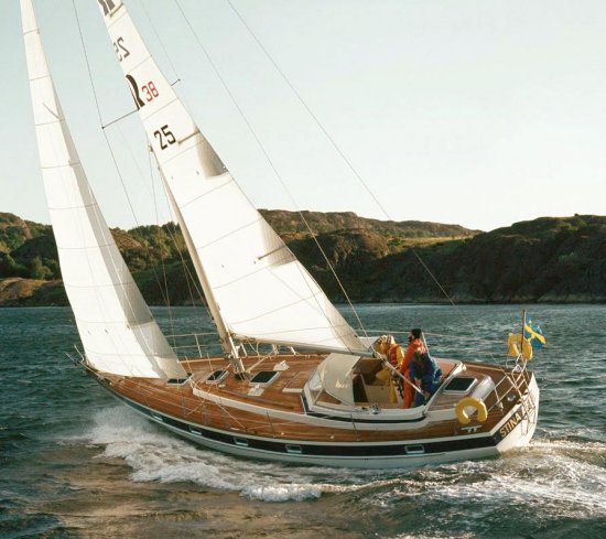 Hallberg rassy 38 sailboat under sail