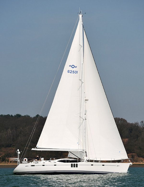 Oyster 625 sailboat under sail