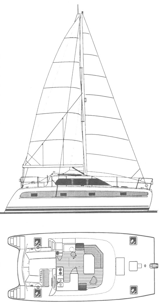 Victory 35 cat sailboat under sail